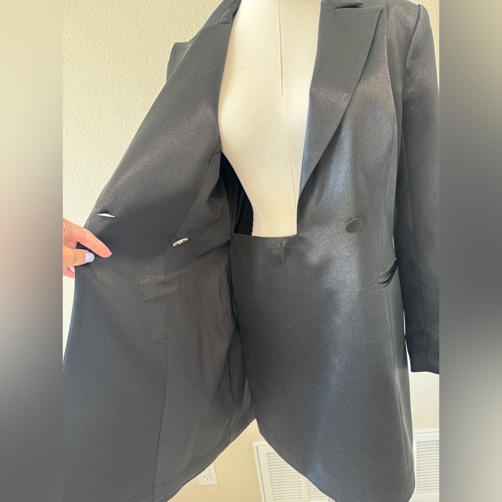 Aidan Mattox Black Satin Long Sleeve Blazer Dress - Picture 8 of 15